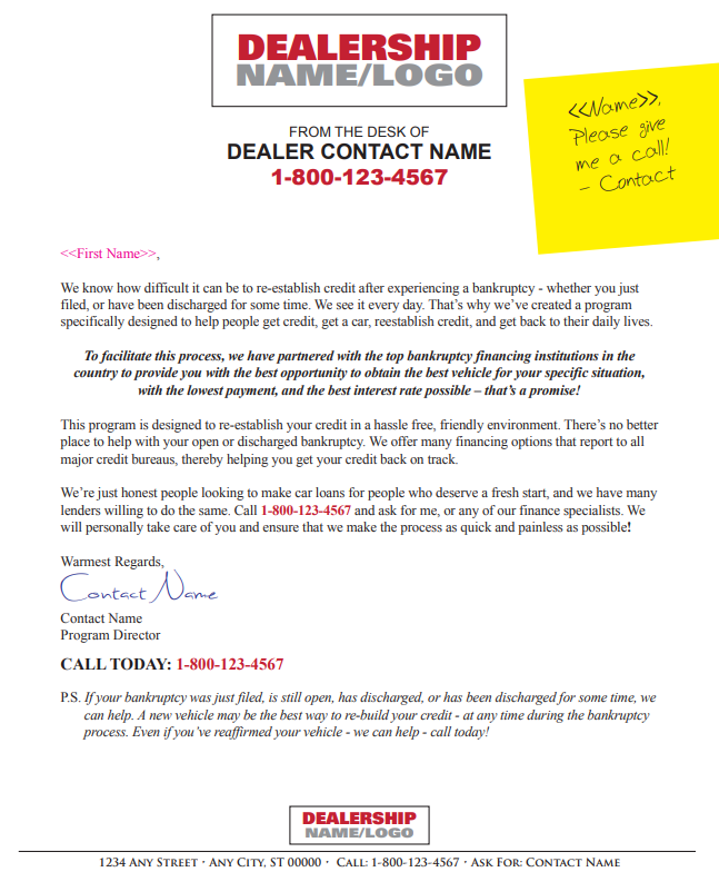 A dealership flyer with a yellow sticky note on it