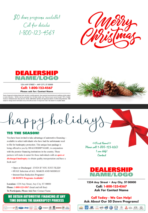 A christmas brochure for a dealership with pine cones and a red bow.