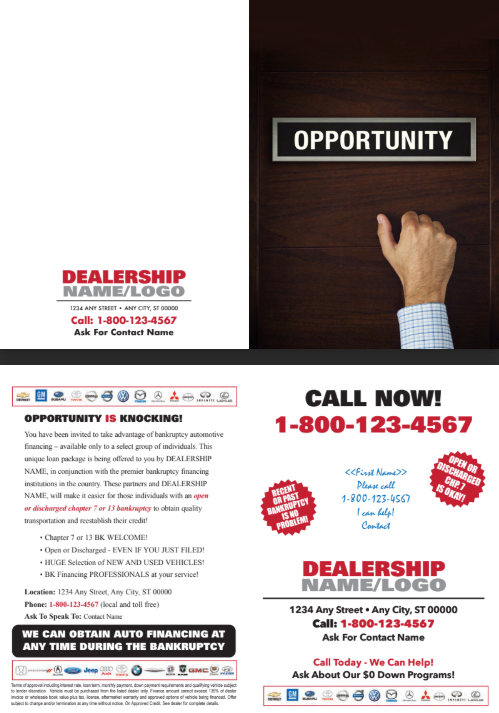 An advertisement for a car dealership shows a hand pointing at a sign that says opportunity