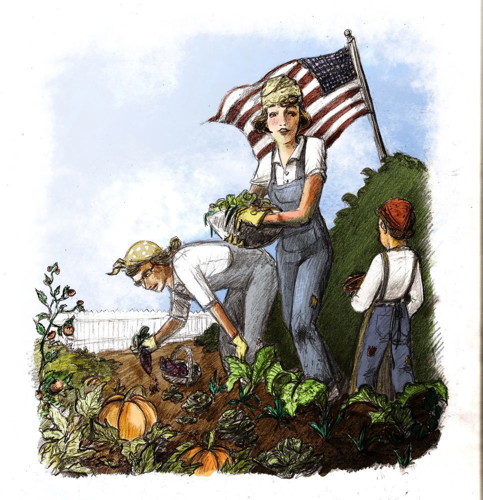 A woman holding an american flag is standing in a garden with two children