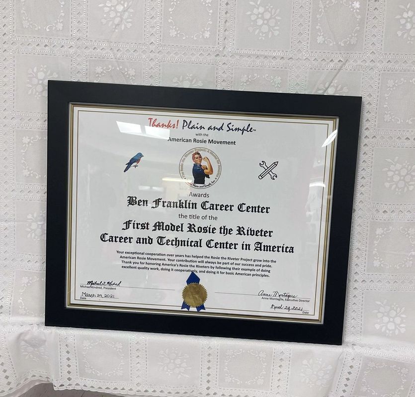 A framed certificate from the ben franklin career center