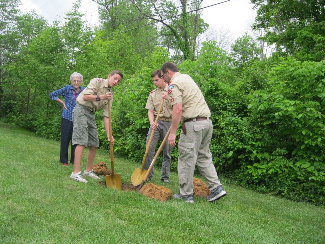 A group of people are digging in the grass with shovels.