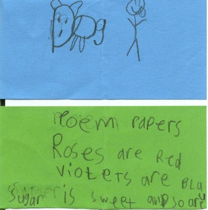 A child 's drawing of a dog and a poem about roses