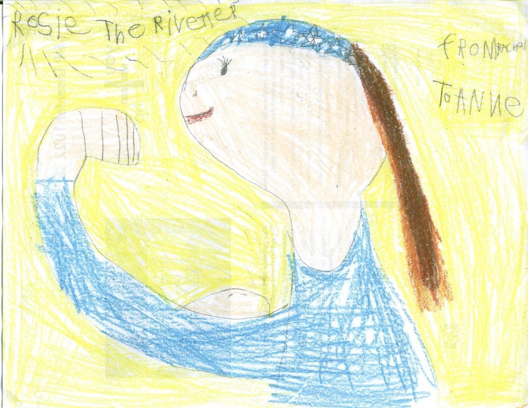 A child 's drawing of rosie the riveter flexing her muscles.