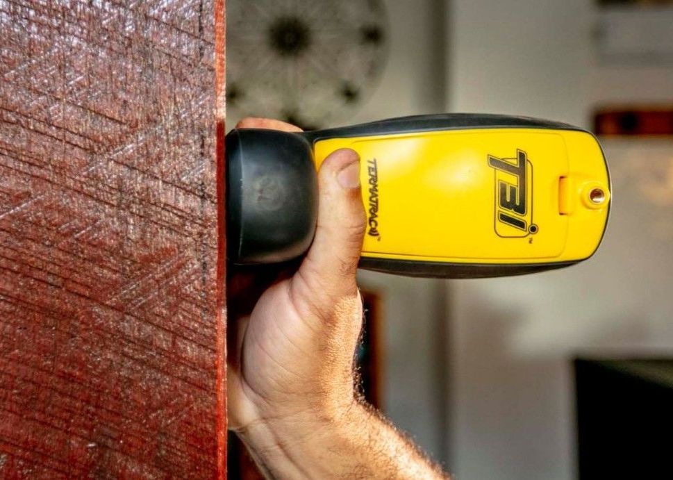 A Person is Holding a Termite Tracker Against a Wooden Wall — Superior Termite & Pest Control in Bundaberg, QLD