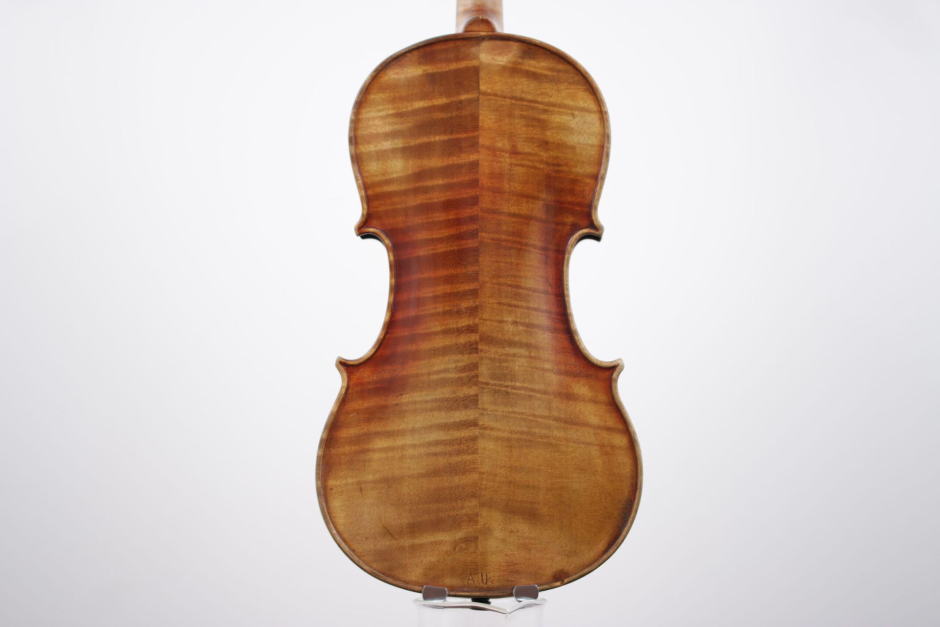 The back of a violin is shown on a white background.