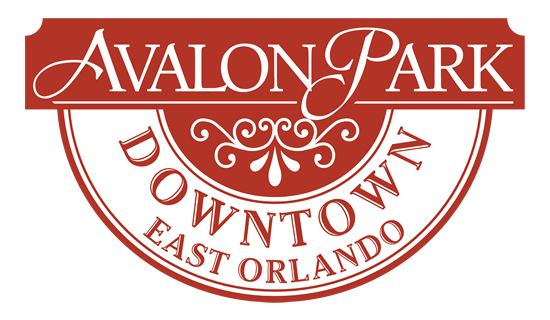 A red and white logo for avalon park downtown east orlando