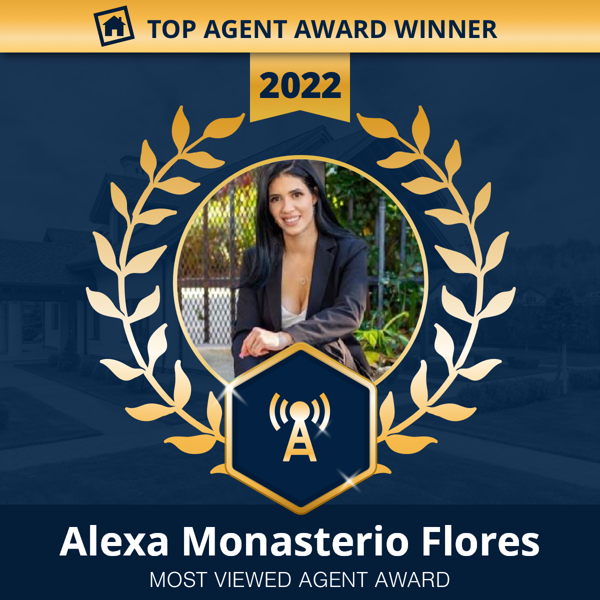 Alexa Monasterio Flores, top real estate agent award winner, 2022, pictured in a gold-framed image with a wheat garland.