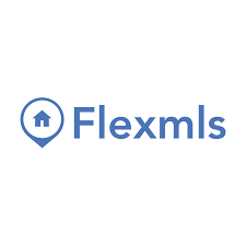 Logo for Flexmls, featuring a blue map pin with a house icon inside, next to the text