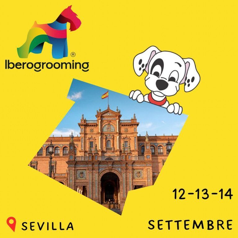 Iberogrooming event in Seville, Spain. Colorful logo, Dalmatian dog, building photo, and dates (12-14 September).
