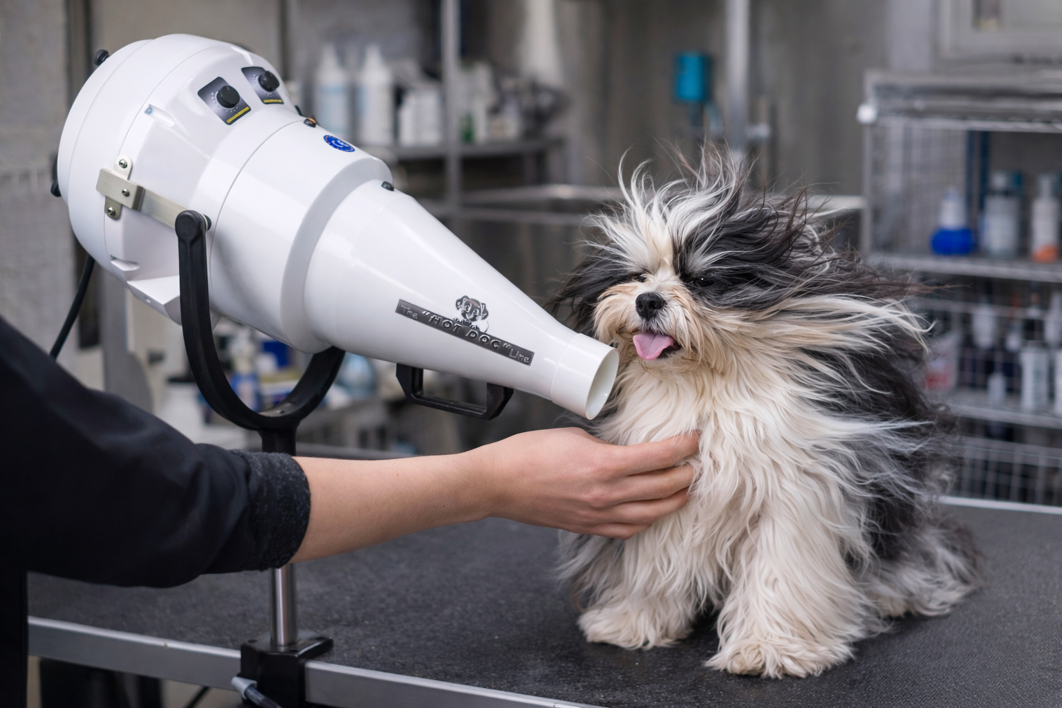 Cane asciugato con un asciugacapelli professionale in un salone di toelettatura.