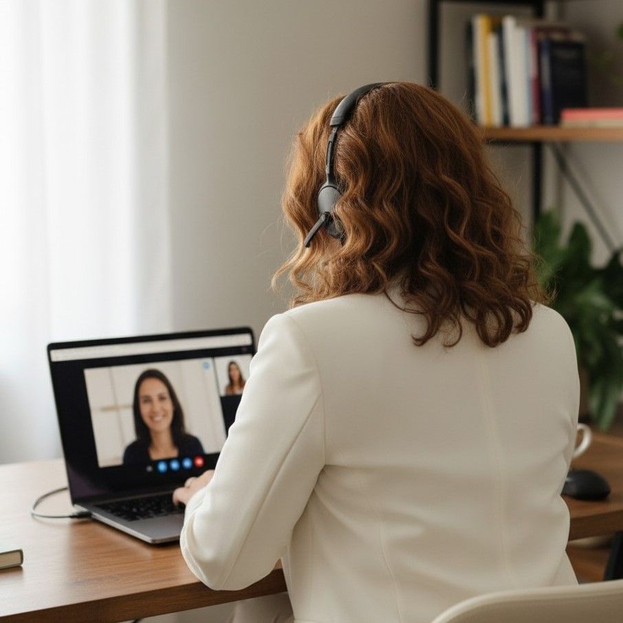 vrouw geeft online coaching via computerscherm