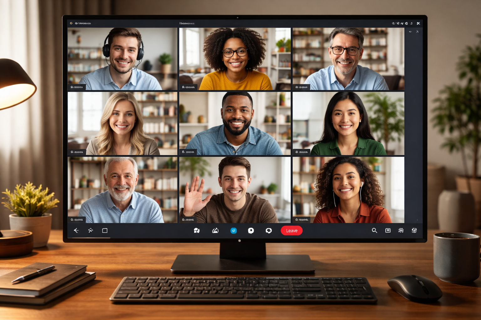 Een computermonitor waarop een raster van 3x3 personen wordt weergegeven tijdens een videoconferentie