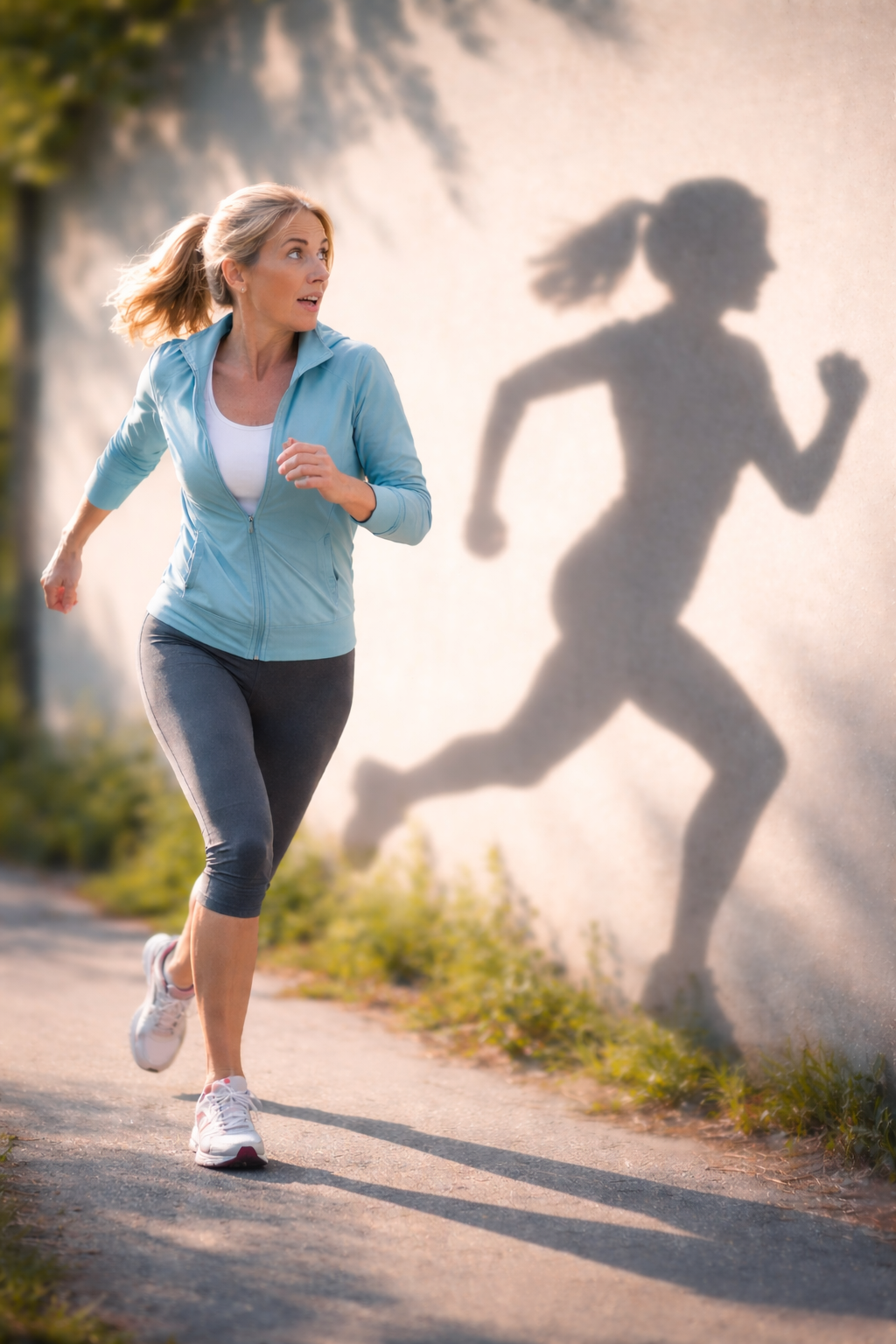 vrouw die wordt ingehaald door haar eigen schaduw