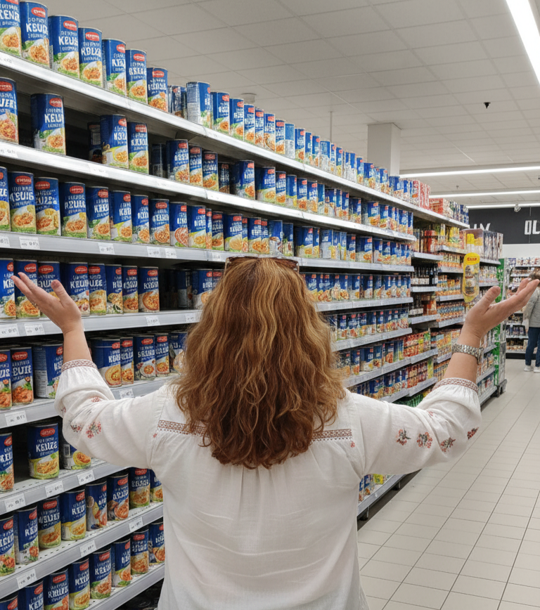 vrouw in supermarkt overweldigd door keuze