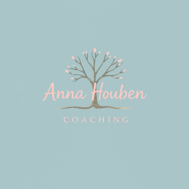 Logo voor Anna Houben Coaching met een gestileerde bruine boom op een lichtblauwe achtergrond met lichtroze tekst.