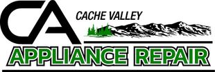 A logo for cache valley appliance repair with mountains in the background