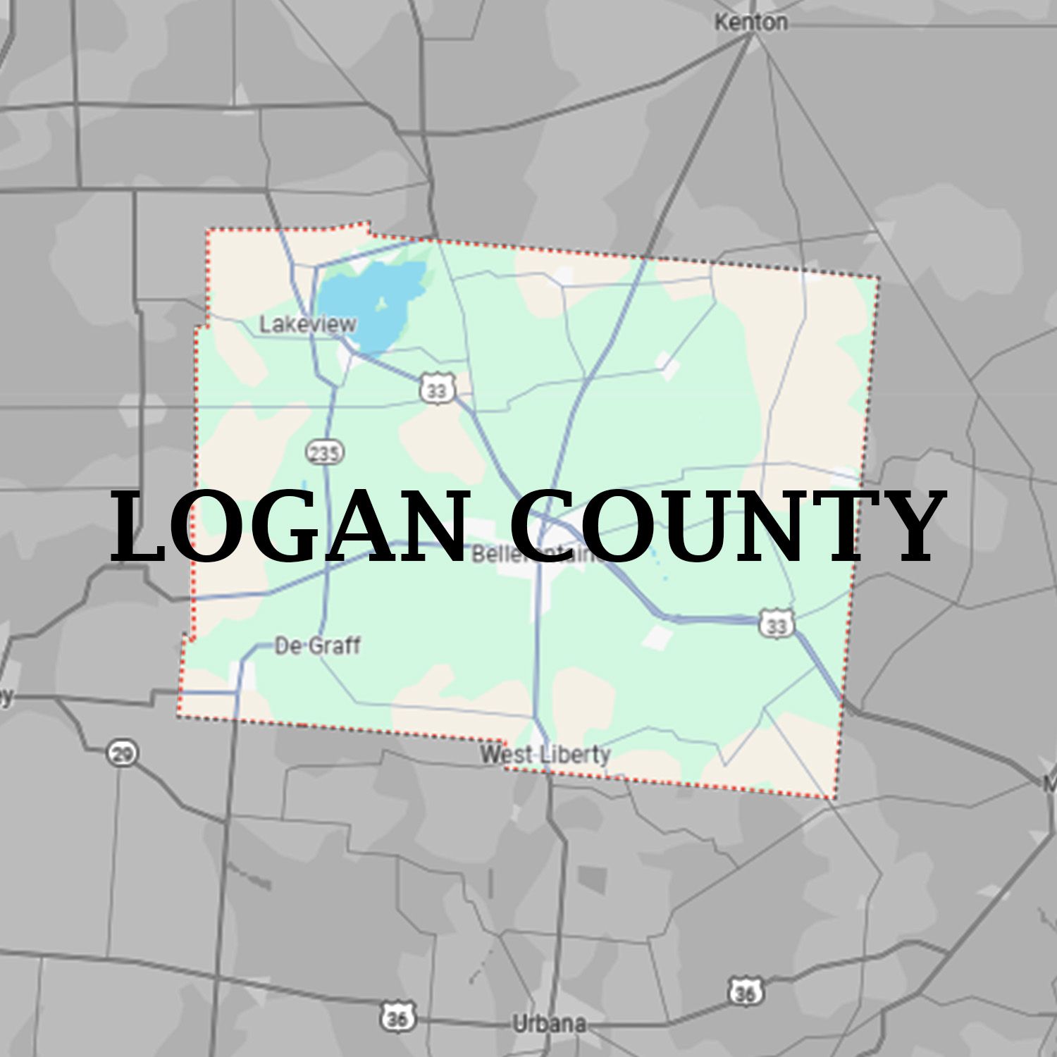 A map of logan county is shown on a gray background