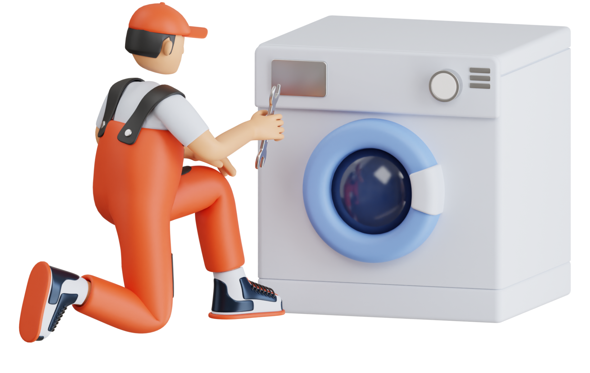 A man is fixing a washing machine with a wrench.