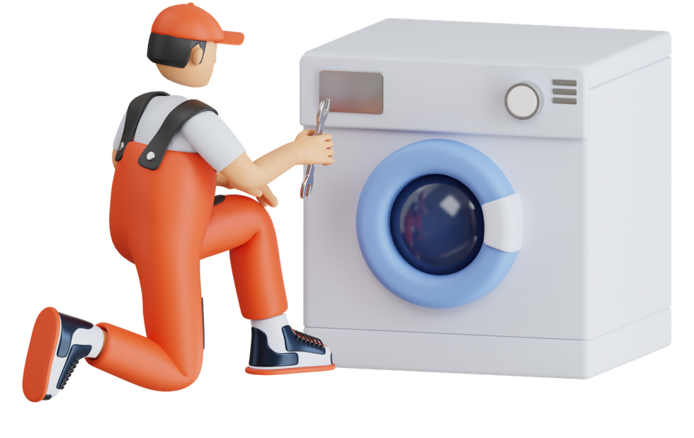 A man is fixing a washing machine with a wrench.