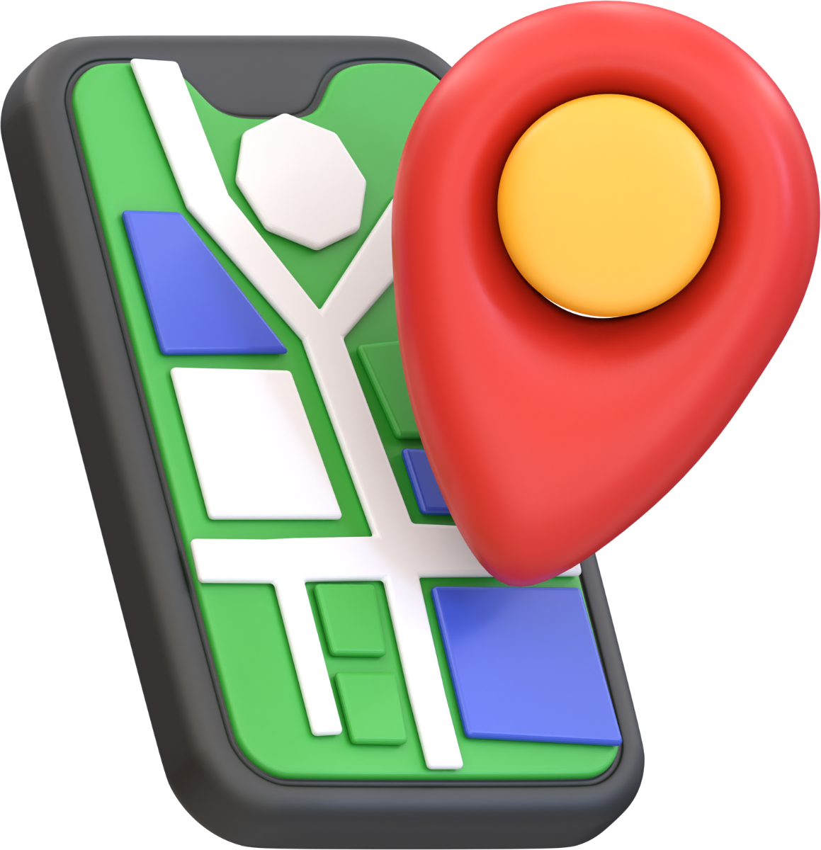 A phone with a map and a red pin on it