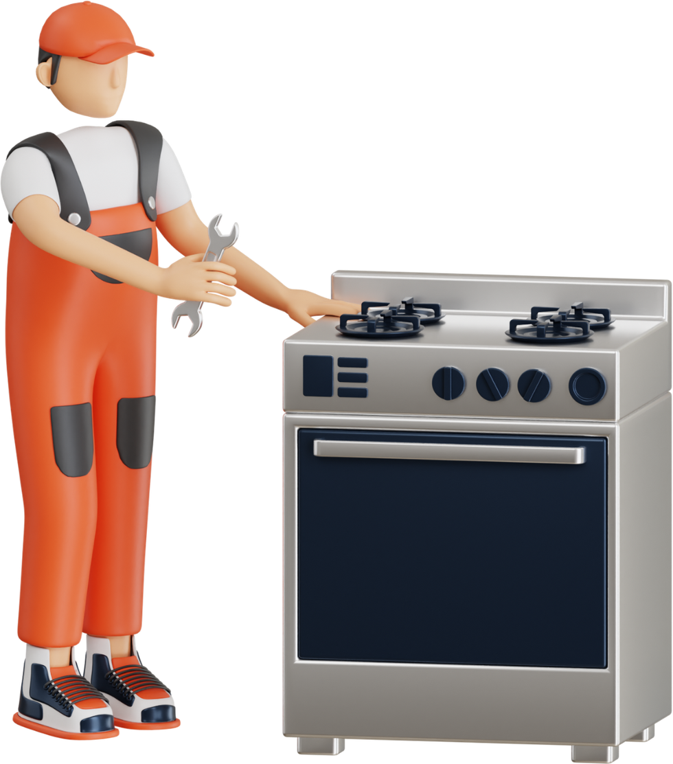 A man in orange overalls is fixing a stove with a wrench.