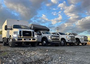 a row of trucks are parked in a gravel lot .