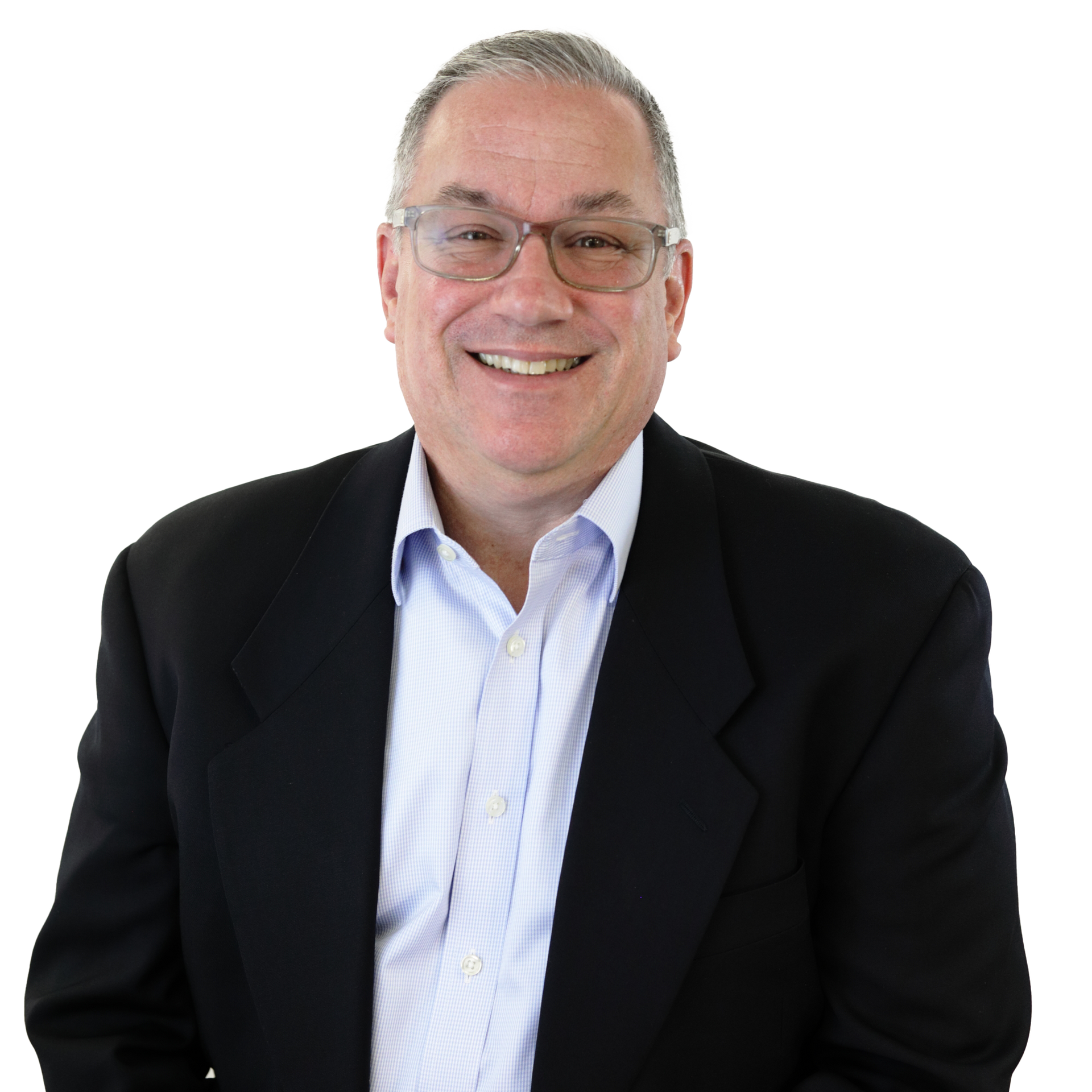 Man wearing glasses, black blazer, and blue shirt, smiles.