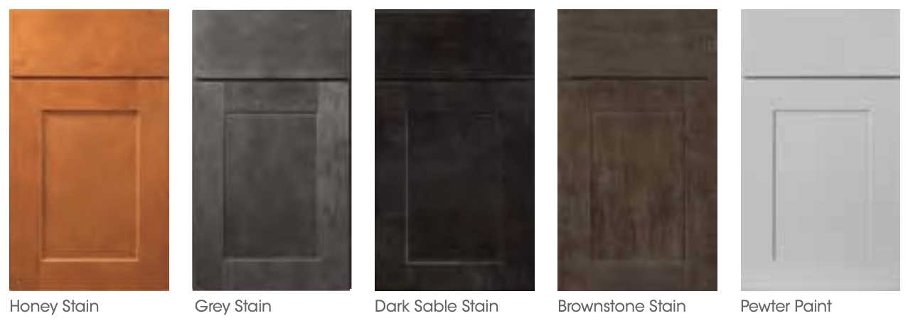 Wolf Brand Dartmouth cabinet doors in Honey stain, grey stain, dark able stain, brownstone stain, and pewter paint