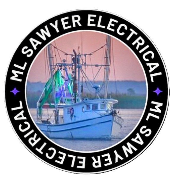 ML Sawyer Electrical logo featuring a white boat with colorful sails; text is in a black circle.
