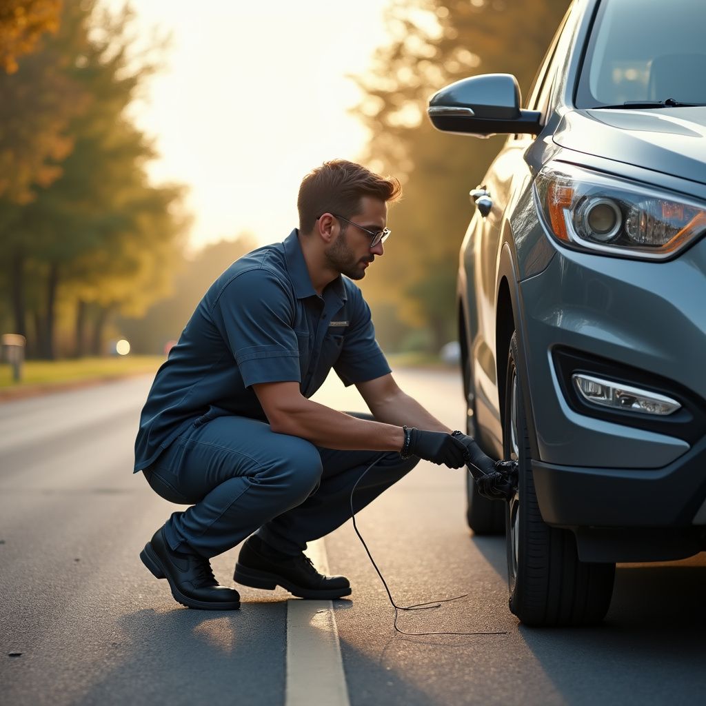 Mechanic checks tire pressure on a car. He is crouching on an asphalt road with a tire pressure gauge.