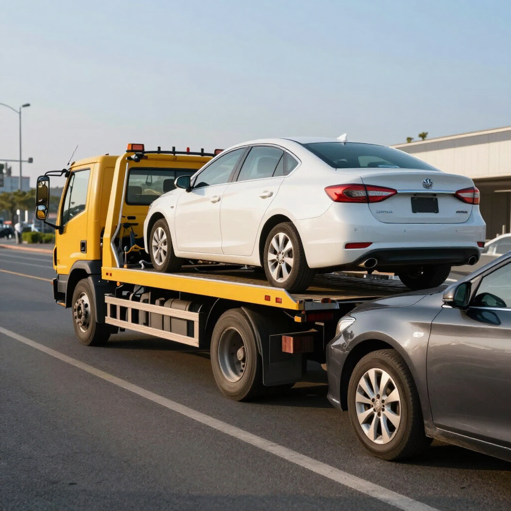 White sedan on a yellow tow truck carrying a damaged car on a road