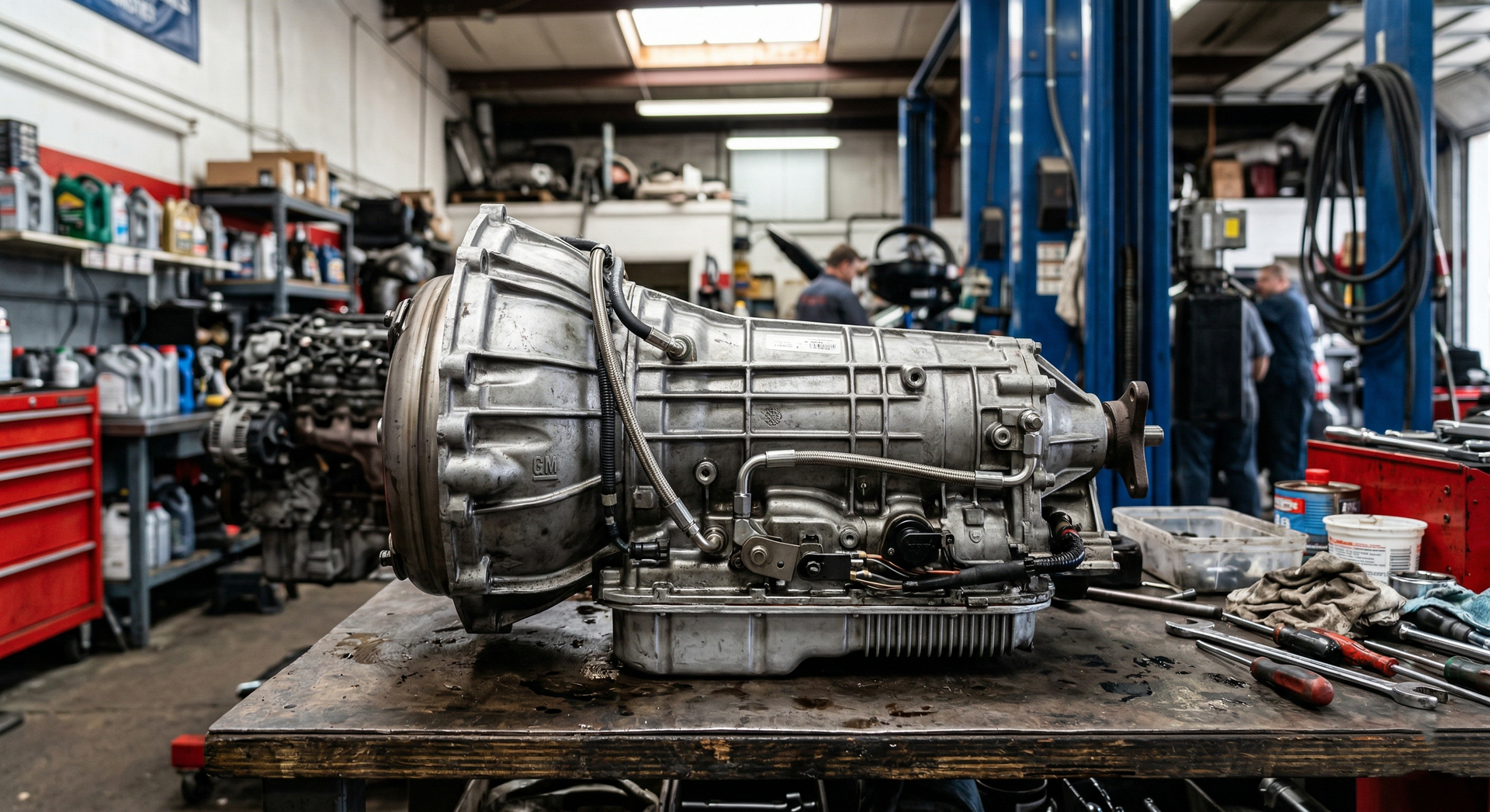 An automotive transmission sits on a workbench in a mechanic's shop, with tools and car parts visible in the background.
