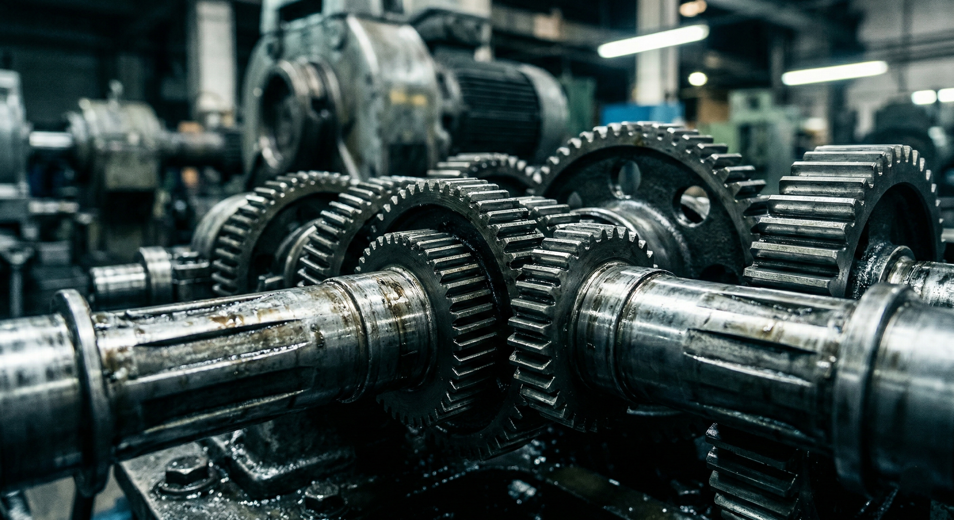 Close-up of industrial machinery featuring multiple interlocking metal gears on shafts inside a factory.