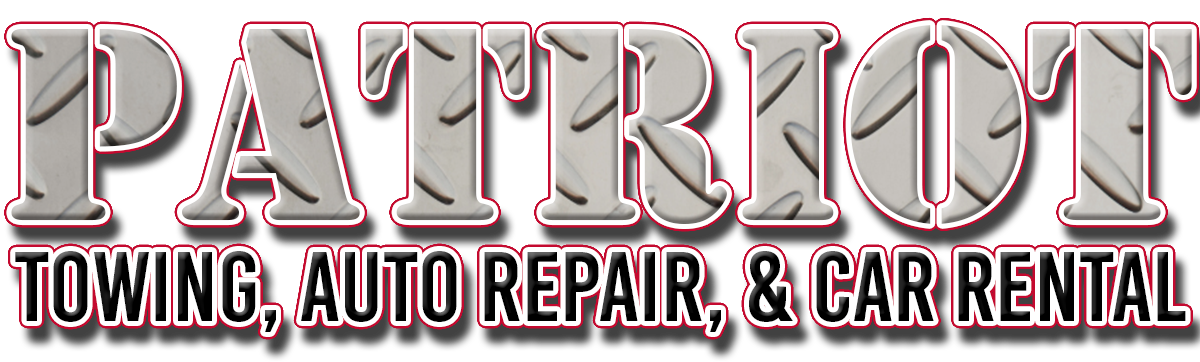 Logo for Patriot Towing, Auto Repair, & Car Rental in black text with a diamond-plate metal effect.