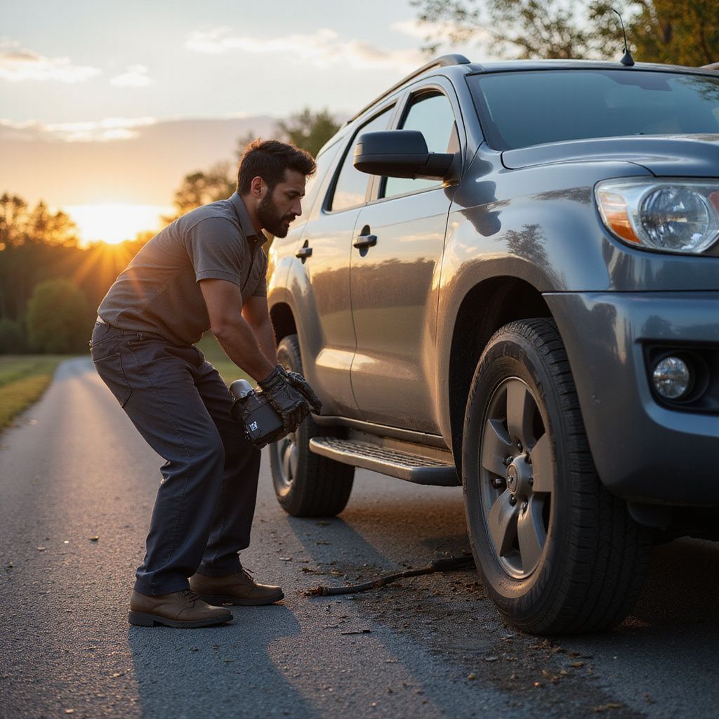 Man changing a tire on the side of a road. SUV is grey, sunset in background.