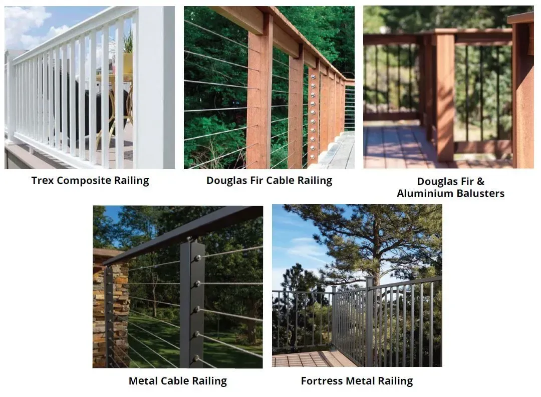 Composite, cable, and metal deck railing examples: white, wood, and black options displayed in outdoor settings.