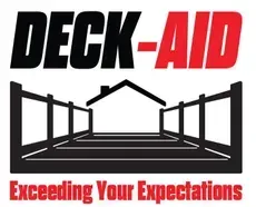 Deck-Aid logo with black and red text, deck outline, and a house silhouette. "Exceeding Your Expectations" is below.