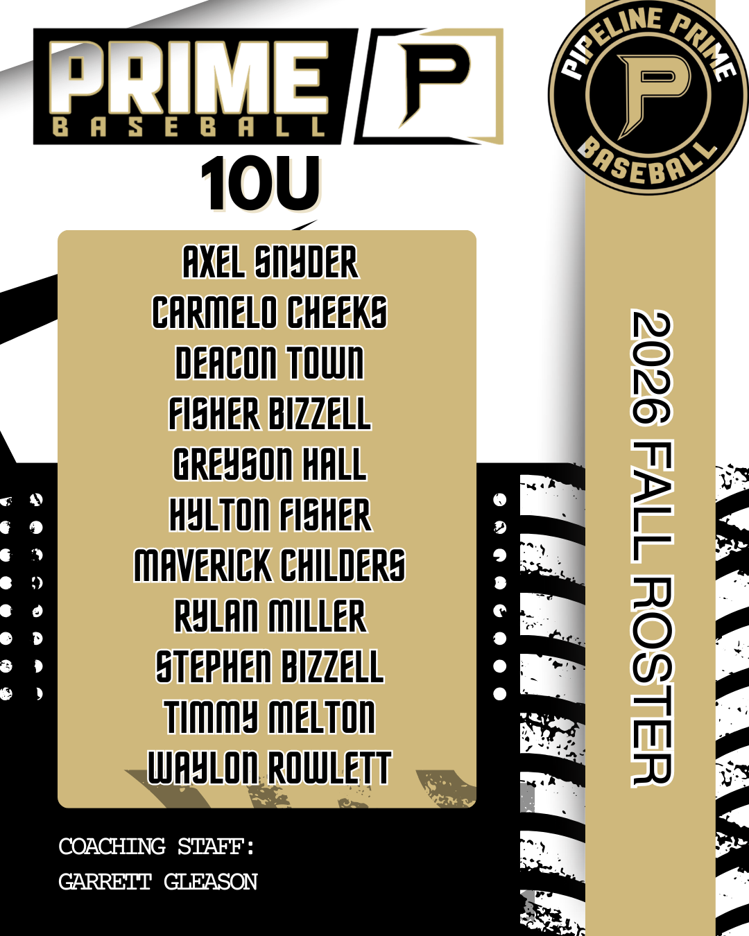 Pipeline Prime Baseball 10U Fall 2026 roster graphic