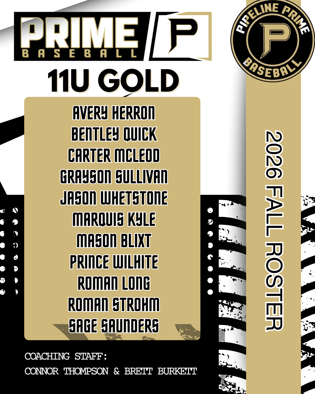 Pipeline Prime Baseball 11U Gold Fall 2026 roster graphic