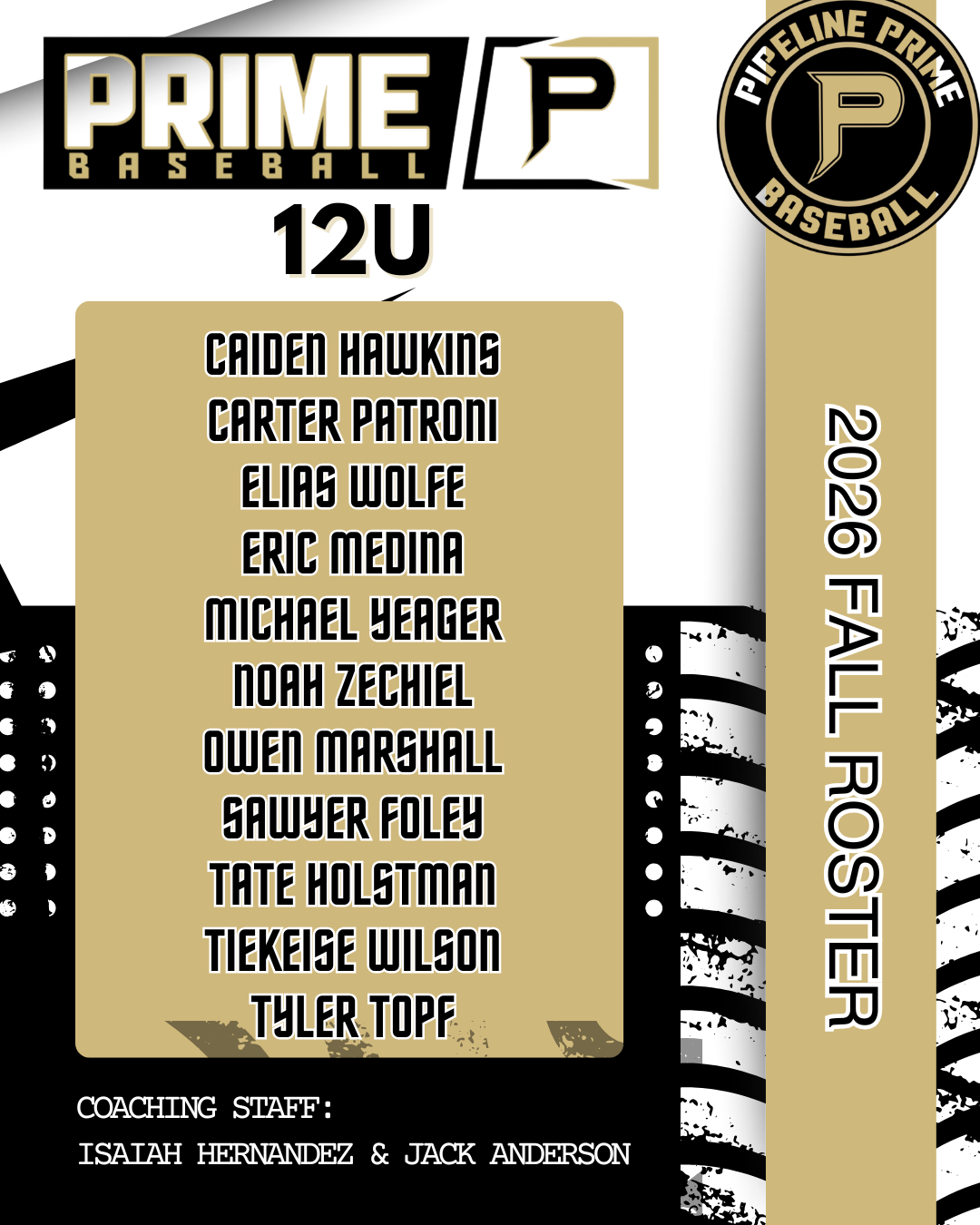 Pipeline Prime Baseball 12U Fall 2026 roster graphic