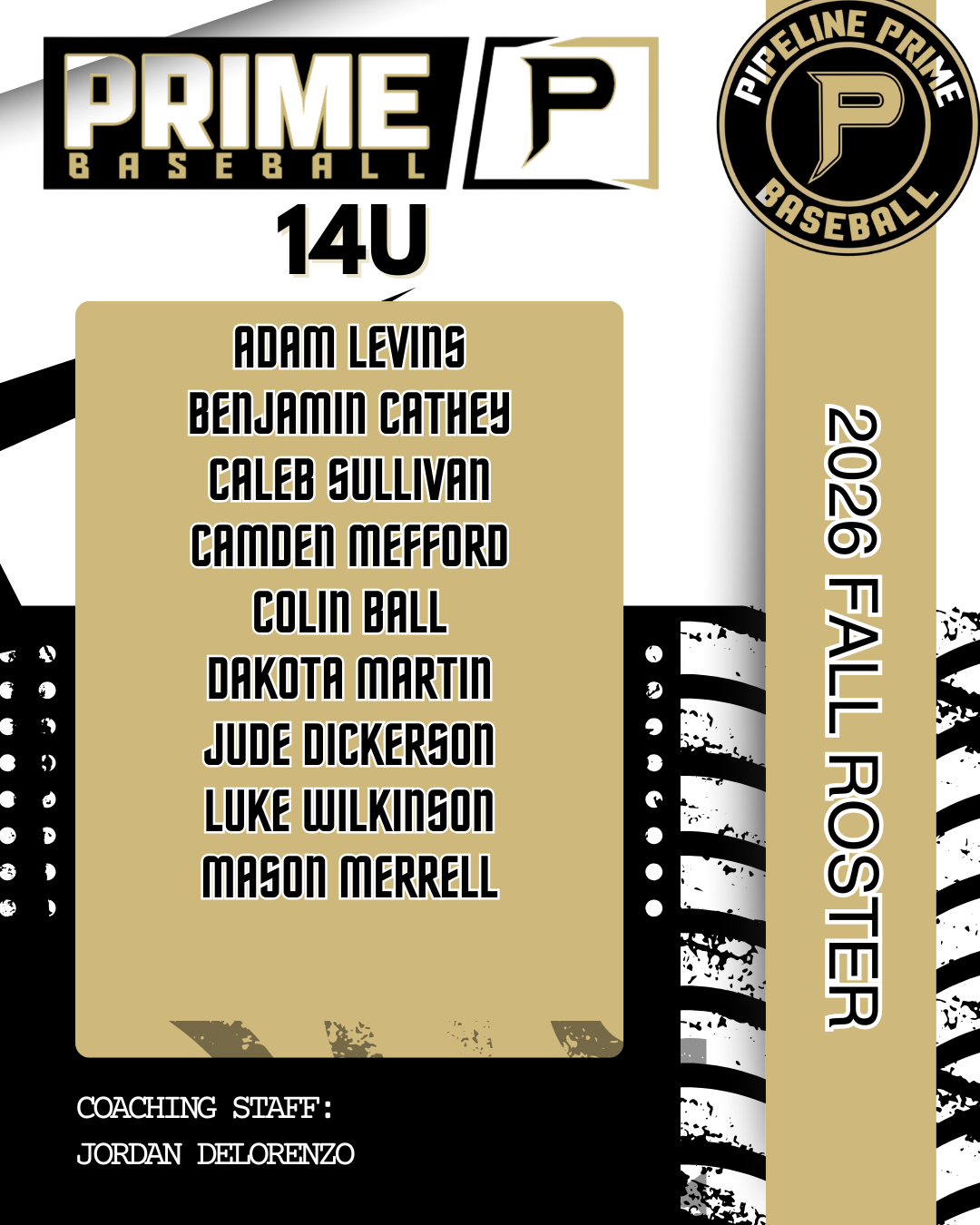 Pipeline Prime Baseball 14U Fall 2026 roster graphic