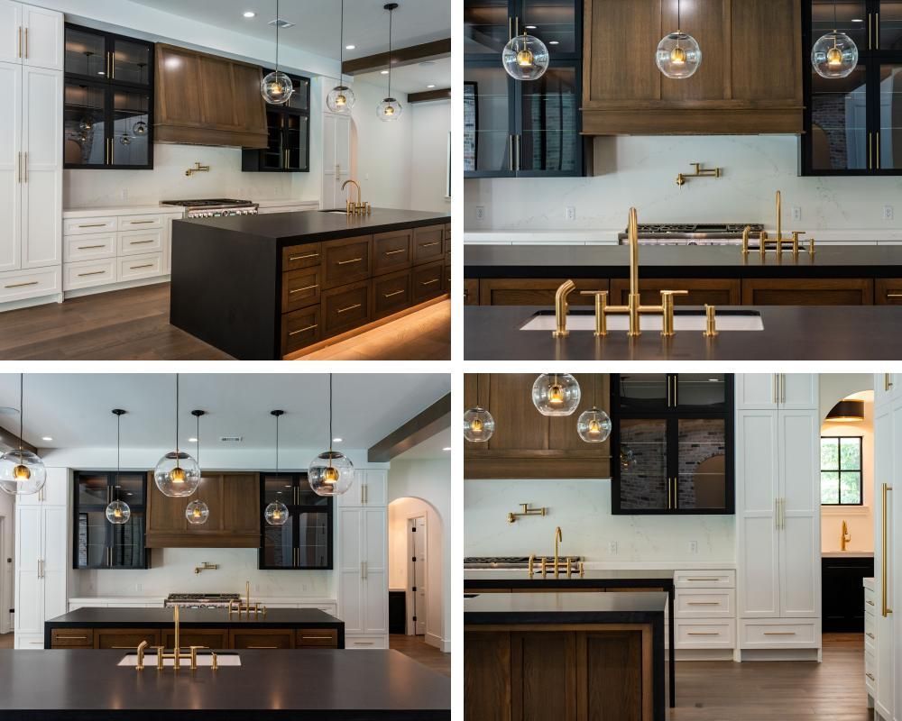 A collage of four photos of a kitchen with a large island.