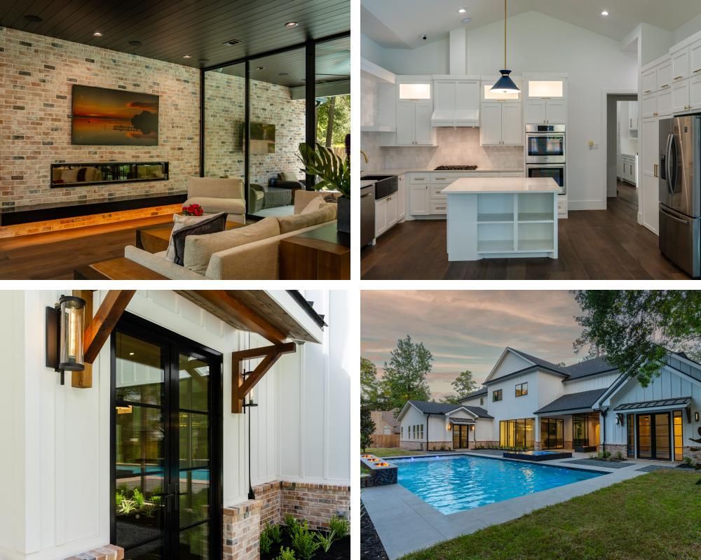 A collage of four pictures of a house with a swimming pool.