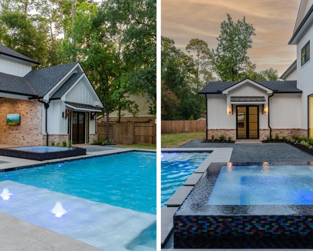 There is a large swimming pool in the backyard of a house.