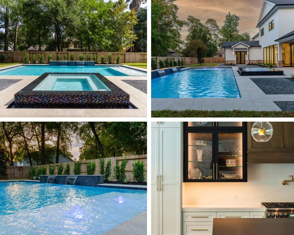 A collage of four pictures of a swimming pool and a kitchen