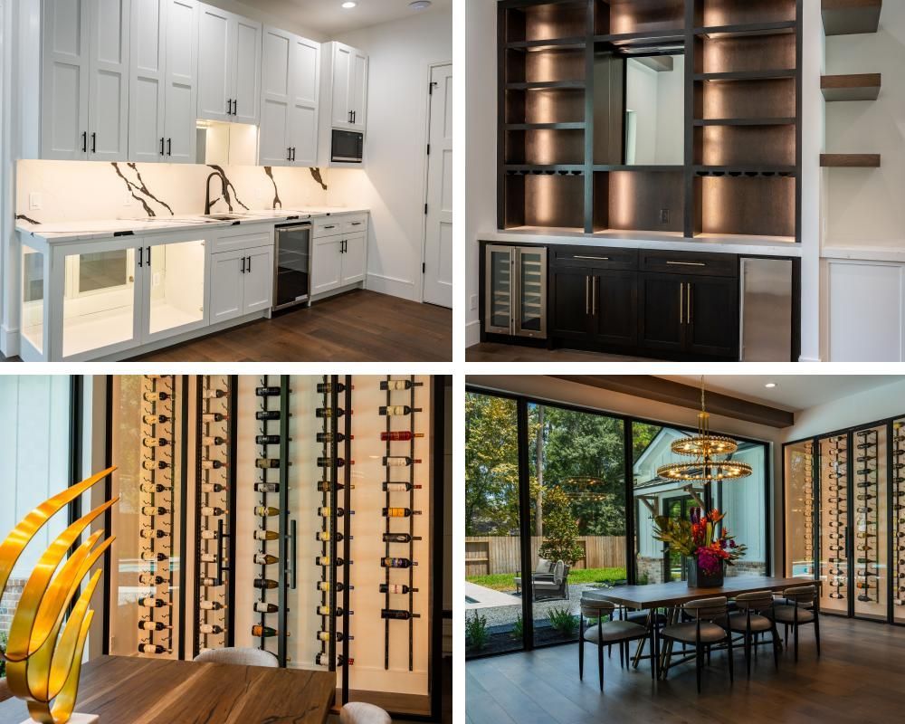 A collage of four pictures of a kitchen , dining room , and wine cellar.