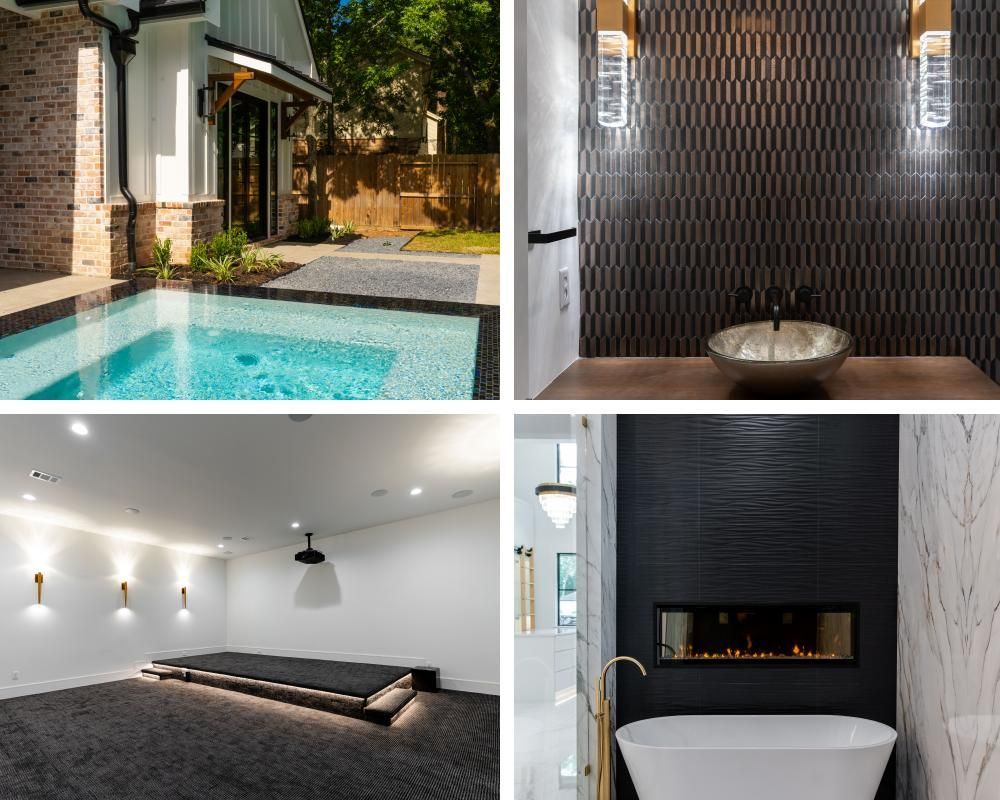 A collage of four pictures of a swimming pool , a bathroom , a fireplace , and a living room.