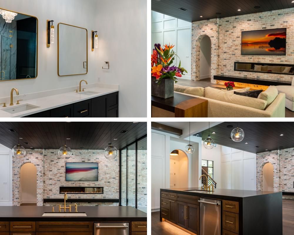 A collage of four pictures of a bathroom , living room , and kitchen.