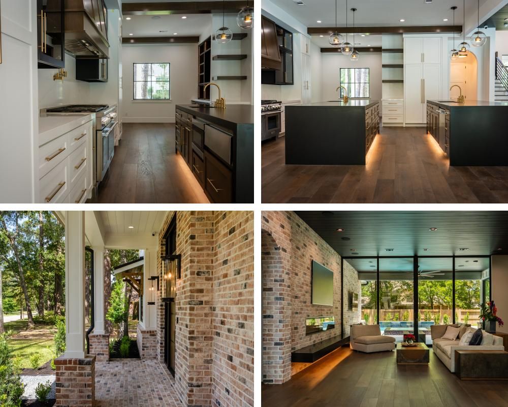 A collage of four pictures of a kitchen , living room , and porch.